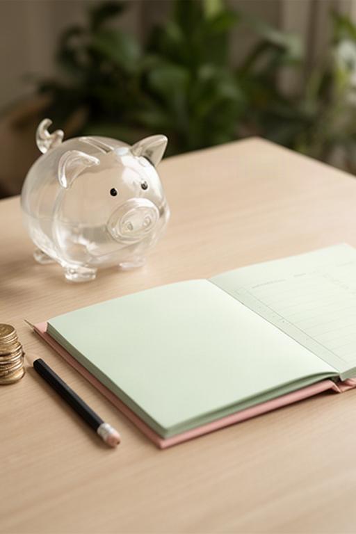 貯蓄目標を書いたノートと小さな貯金箱が置かれた家庭の机